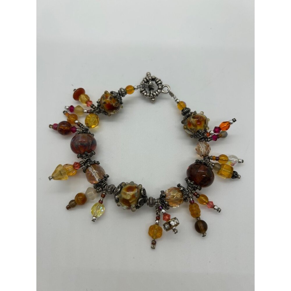 Artisan Lampwork Glass Bracelet With Amber Gold Swirl and Faceted Beads - Picture 1 of 16